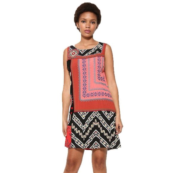 Desigual Creta Dress 38 Boho Embroidered Mixed Print Eclectic Ethnic Patchwork - Picture 2 of 16